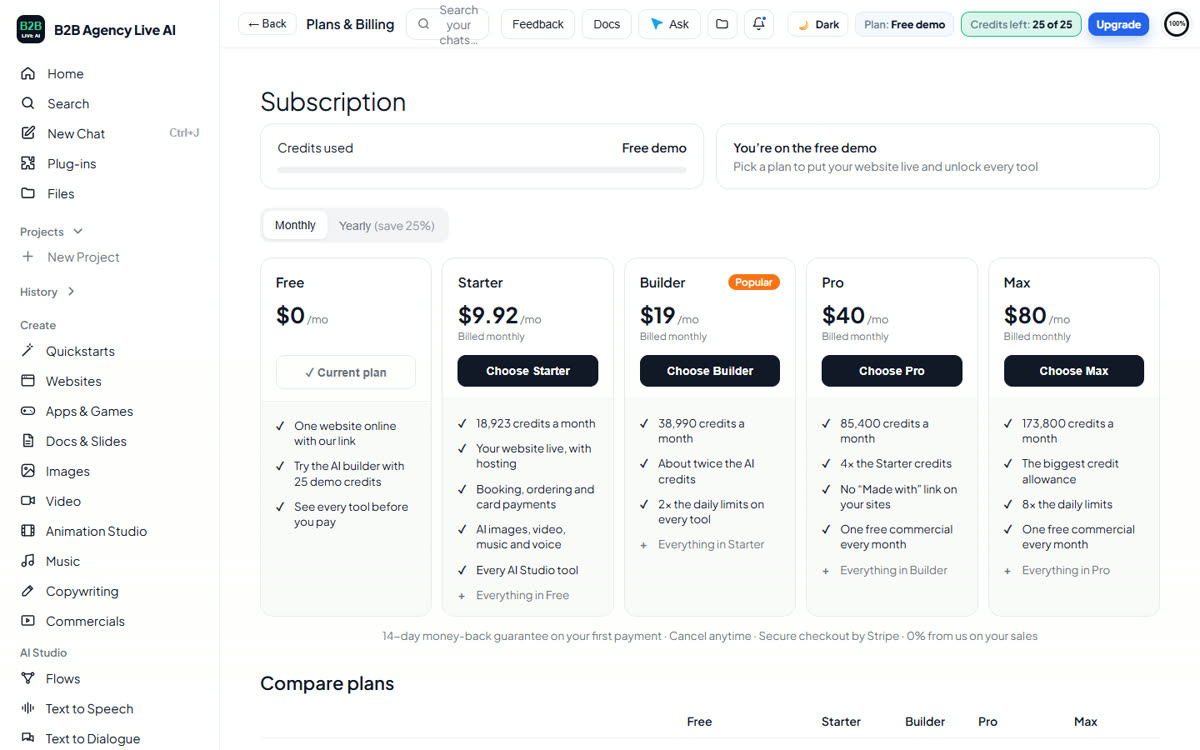Plans & Billing: the Free plan next to the paid plans