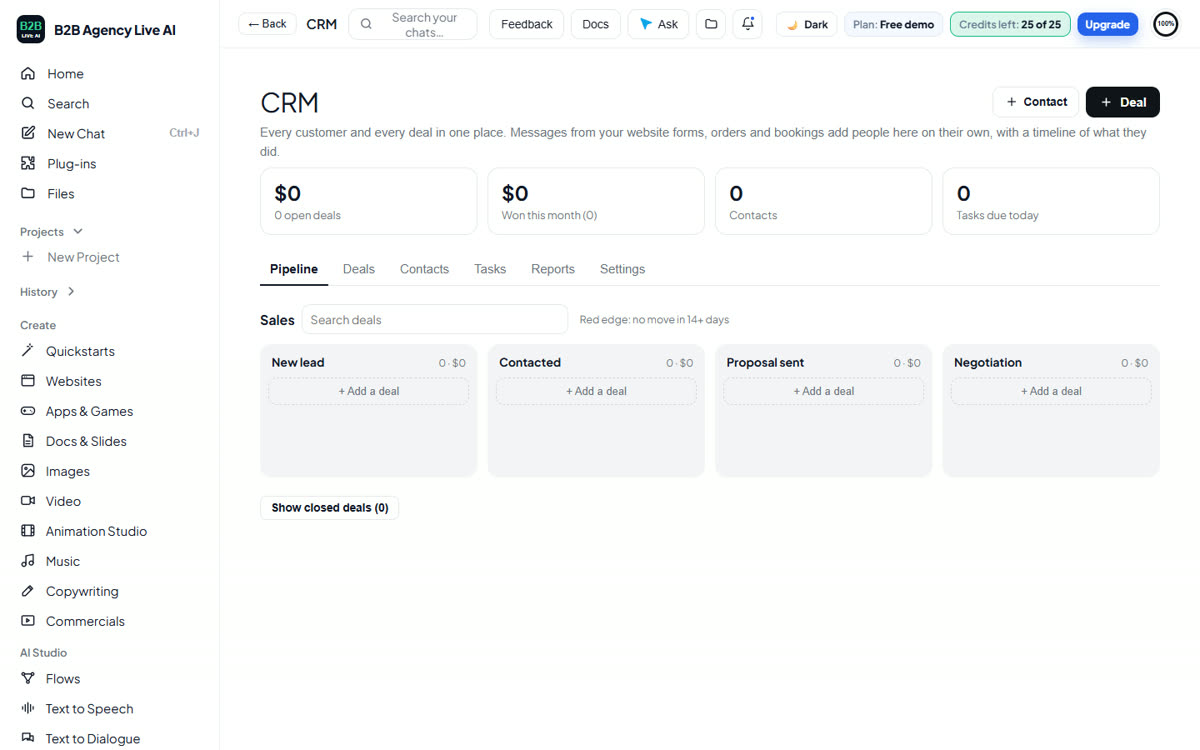 The CRM: a pipeline of deals, contacts, tasks and reports