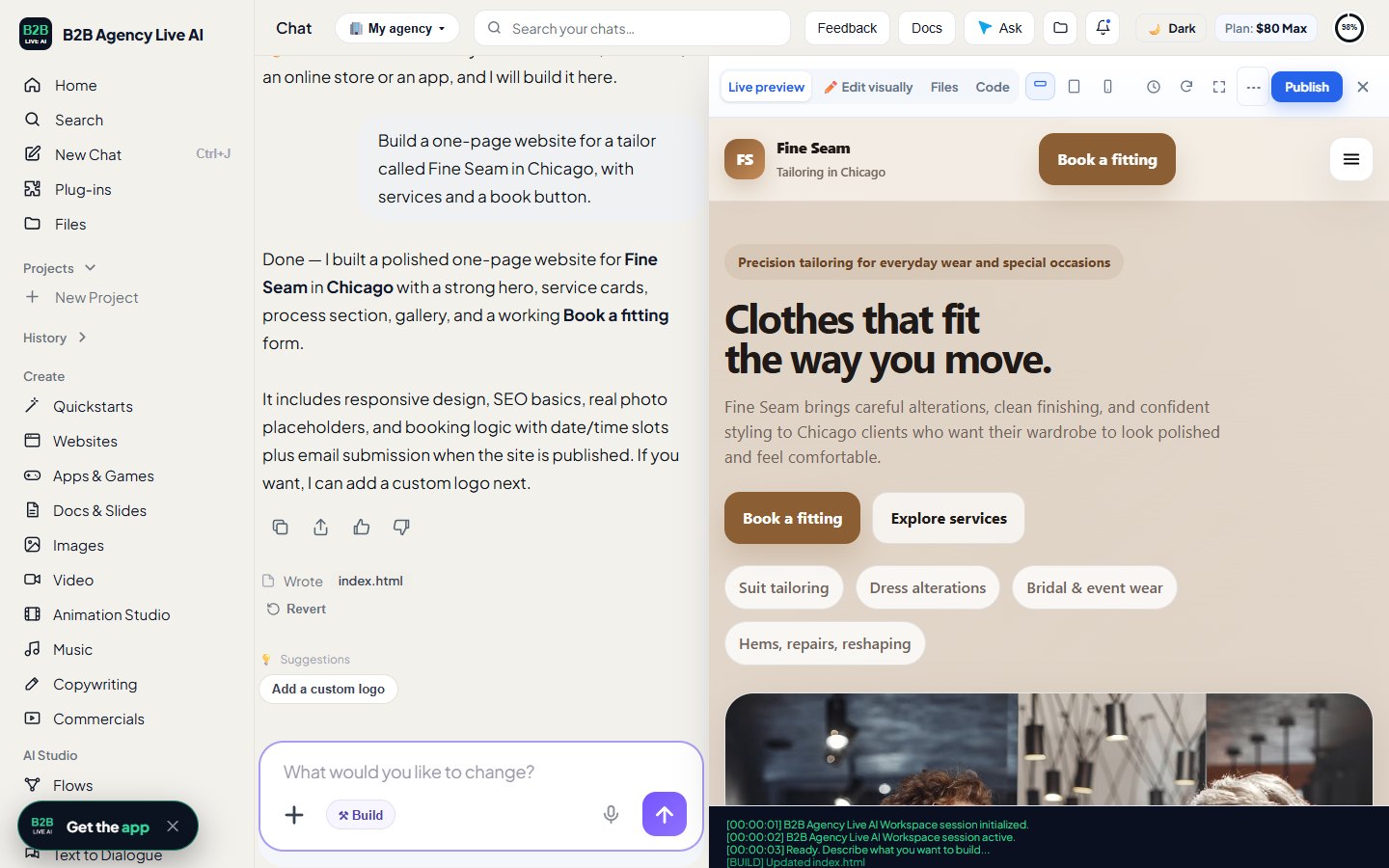 The side-by-side builder: chat, build steps and suggestions on the left, the live website on the right