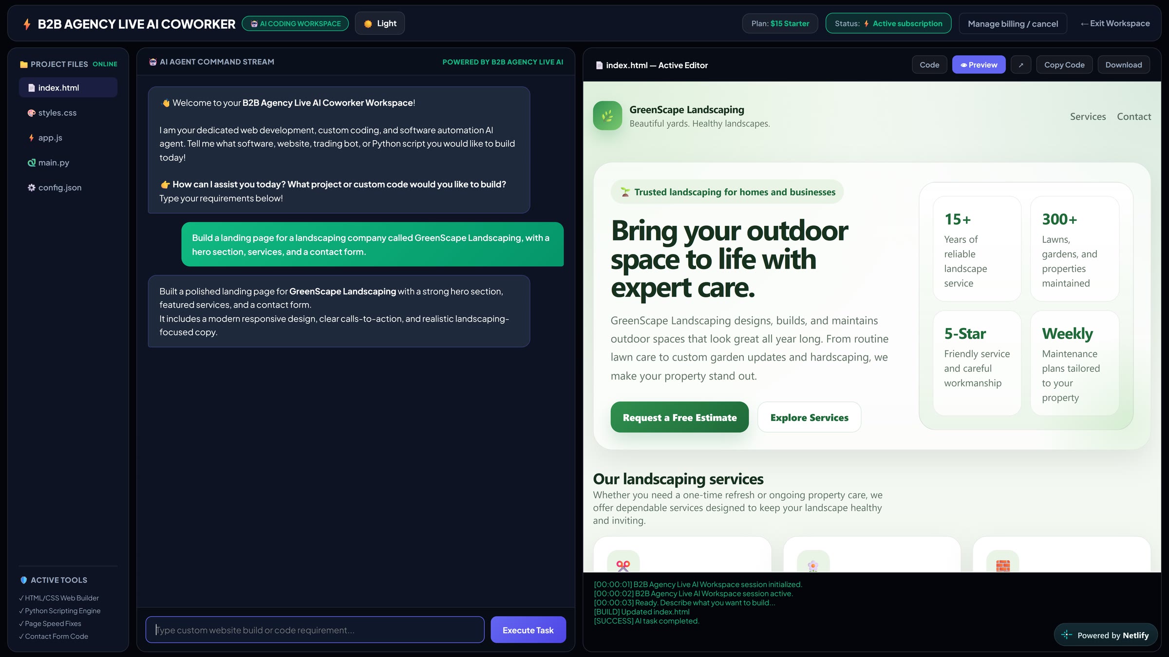 The B2B Agency Live workspace: chat on the left with the request to build a landscaping landing page, and a live preview of the finished GreenScape Landscaping page on the right